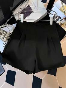 Shorts de talle alto con cierre para mujer de talla grande, elegantes y de moda casual - Negro - Ver 4