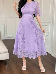 Vestido corto con adorno de encaje en las mangas, vestido mini elegante y refinado - Morado - Ver 6