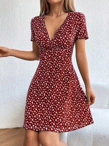 Vestido De Manga Corta Para Mujer Con Estampado Floral - Rojo - Ver 6