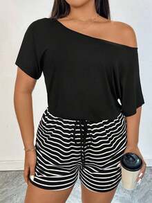 Rompers para mujeres de talla grande, mono informal de rayas, vestidos de verano para mujer, traje de una pieza, mono corto, para dama - Negro - Ver 5