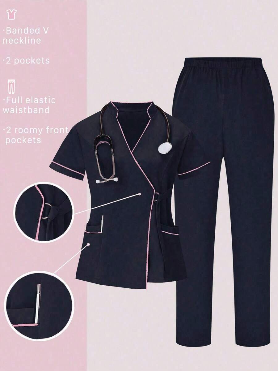 Conjunto de uniformes médicos: Parte superior de cuello en V de manga corta y pantalones para trabajadores de la salud - Azul profundo - Ver 1