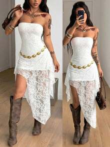 Vestido asimétrico sin mangas para mujer, estilo callejero de verano, Y2K, club, sexy, concierto, festival de música - Blanco - Ver 3
