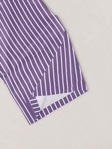 Conjunto de camiseta de manga corta con cuello redondo y estampado de oso de dibujos animados, y pantalones a rayas con cordón en la cintura para mujer - Morado - Ver 8