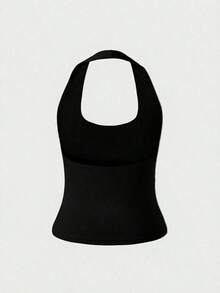 Camiseta sin espalda ajustada de color amarizo sólido con tirantes finos, blusa casual para mujer, adecuada para la playa, el hogar y el uso diario en verano - Negro - Ver 7