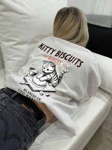 1 pieza de camiseta de verano para mujer con cuello redondo y manga corta, blusa con estampado de gato en inglés, adecuada para verano, playa, calle, uso diario, trabajo, fiesta de oficina, salida, carnaval, festival de música, día de San Valentín, ocasiones festivas. Camisa de estilo moderno para mujer, ropa de vacaciones para damas. Ropa de oficina elegante, blusas bonitas, atuendo de vacaciones para mujer, vestido para una cita nocturna, blusa elegante para damas, ropa casual de verano, atuendo de resort para mujer. AlgodónPuro-Blanco - Blanco - Ver 6