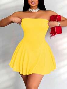 Vestido mini sin tirantes con dobladillo de volantes para mujer - Amarillo - Ver 4