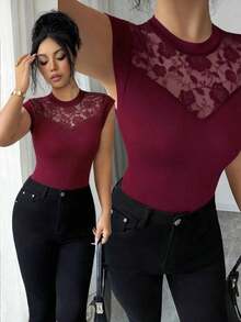 de mujer con cuello redondo, elegante, con parches de encaje, adecuada para uso diario, otoño/invierno y primavera/verano - Burdeos - Ver 4