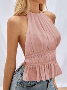 Top sin espalda de tirantes con pliegues y cordón en color negro, informal de verano para salir - Rosa - Ver 7