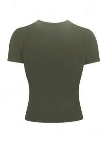 Camiseta ajustada de cuello redondo en color café talla grande para mujer - Verde militar - Ver 2