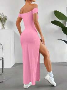 Vestido de verano de un solo hombro con abertura alta y unicolor minimalista para mujer - Rosa - Ver 2