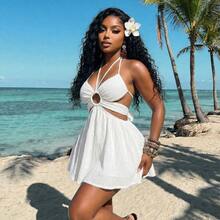 Summer Fashion Basics, Versatile, Casual And Elegant, Suitable For Vacations, Travel, Beaches, Seaside, Pools, Yachts, Sunbathing, Cute And Sweet, Casual And Elegant, Halter Neck Lace Patchwork Hollow-Out A-Line Umbrella Skirt White Crepe Women's Short Dress - Z,Summer Dresses For Women - Verde - Ver 7