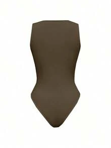 Body casual de un solo color con tirantes anchos y ajustado para mujer - Café integral - Ver 2