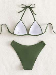 Conjunto de bikini liso, sujetador push up y parte inferior de bikini, traje de baño de 2 piezas - Verde militar - Ver 2