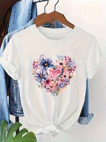 Women's White T-Shirt With Floral Heart Print, Round Neck, Casual Cotton Knit Fabric, Medium Elasticity, Regular Fit, Suitable For Women To Wear In Spring/Summer/Autumn. - 白色 - 查看 1