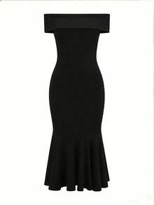 Vestido ajustado con hombros descubiertos y efecto retorcido, sexy y elegante para mujer - Negro - Ver 2