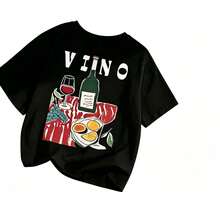 Set de Prenda individual, no un conjunto de 3 piezas, 1 piezas/set de camisetas de manga suitable for streetwear, Top oversized cuello redondo daily outings, camping, concerts, hip-hop, rock, and rap events camisetas de manga corta con cuello redondo, estampado de bebida cítrica y letra, de estilo minimalista y veraniego. Tops casuales de moda y versátiles para mujer - Negro - Ver 2