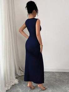 Vestido largo elegante y ajustado para mujer, diseño minimalista, verano - Azul marino - Ver 2