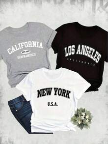 Single Item, Not A 3-Piece Set. One Piece/Set Of Short-Sleeved T-Shirts Suitable For Streetwear. Oversized Crew Neck Top For Everyday Wear, Camping, Concerts, Hip-Hop, Rock, And Rap Events. Letter Print Crew Neck T-Shirt. Casual Short-Sleeved Top For Spring And Summer. Women's Clothing. - 白色 - 查看 8