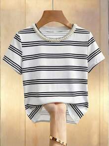 Desde la primavera hasta el verano, nuevas llegadas en la parte superior de verano: Día de San Valentín, elegante parte superior de mujer, parte superior de color albaricoque, camiseta, cuello redondo, adornos con cuentas, mangas cortas, estiliza - Multicolor - Ver 6