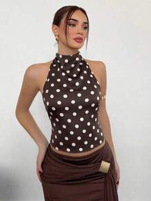 Camiseta sin espalda con cuello alto y cordón en el bajo, color marrón, para mujer, para fiesta y eventos de otoño/invierno - Café integral - Ver 7
