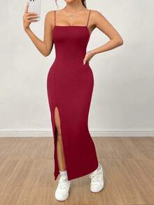 Vestido largo negro de mujer con correa de abertura alta y unicolor - Burdeos - Ver 3