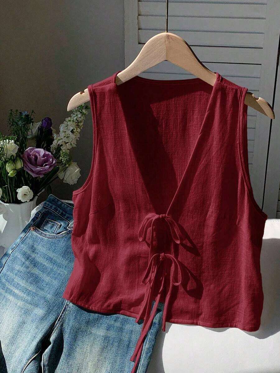 Camisa sin mangas de unicolor casual con nudo delantero para mujeres - Burdeos - Ver 1