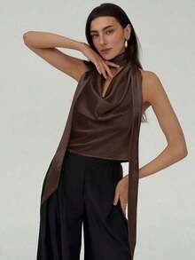 elegante de diosa para mujer en color albaricoque, ideal para dama de honor, boda, fiesta, cita, vacaciones románticas.Diseño fluido, con cuello halter y espalda descubierta, sexy, para verano y vacaciones - Café integral - Ver 4