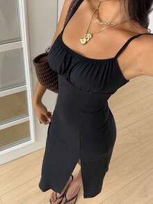 Vestido midi de leopardo con abertura lateral y tirantes - Negro 2 - Ver 5