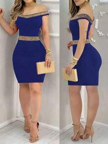 Vestido negro elegante y ceñido para mujer - Halter sin mangas con tela de lentejuelas en la espalda, perfecto para actividades de verano, mezcla de poliéster lavable a máquina, vestido ajustado, adecuado para citas nocturnas diarias, fiestas, fiestas de solteros - azul real - Ver 5