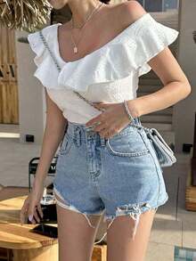Camiseta de mujer con cuello asimétrico, volantes, calado y bordado, para verano, top corto para mujer de vacaciones - Blanco - Ver 9