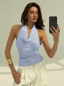Blusa de mujer con escote profundo drapeado, sin espalda y con lazo trasero, de estilo elegante y sexy - Azul marino - Ver 7