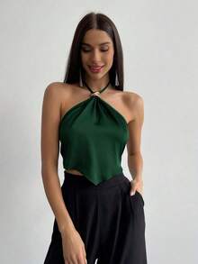 Camiseta de tirantes con cuello halter y bajo asimétrico para mujer - Verde Oscuro - Ver 3