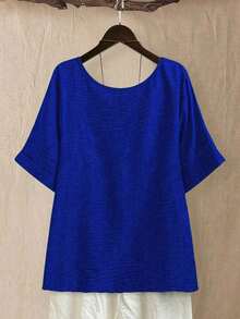 Top holgada de cuello redondo para mujer de talla grande en color verde salvia texturizado, para uso casual/diario/al aire libre/minimalista/vacaciones que estiliza, para primavera/verano - azul real - Ver 2