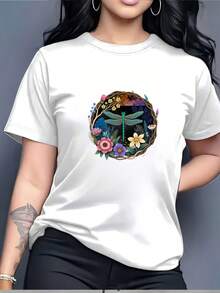 Camiseta con diseño de libélula y flores para mujer, moda casual de verano, regalo para el Día de la Madre, camiseta de manga corta para mujer, camiseta para fiestas de team building, diseño de libélula, top para mujer. - Blanco - Ver 1