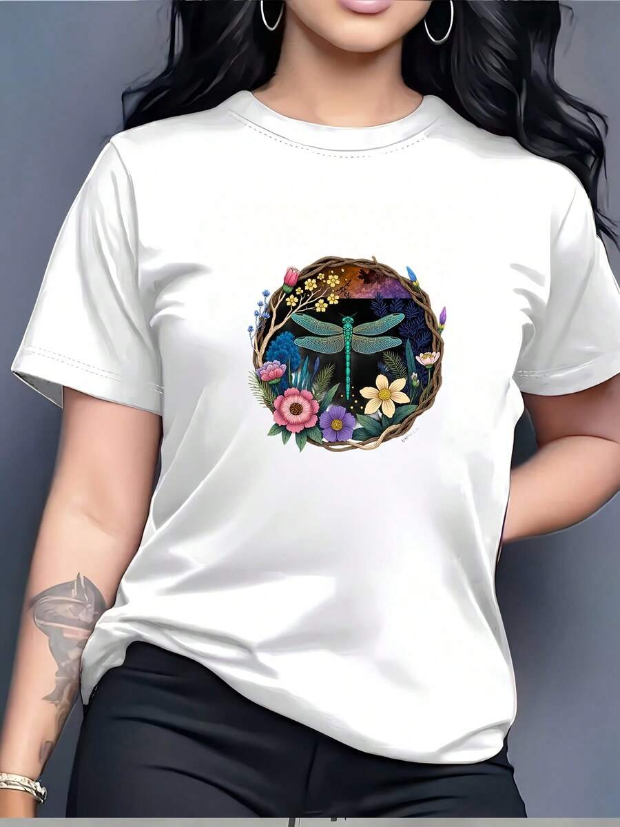 Camiseta con diseño de libélula y flores para mujer, moda casual de verano, regalo para el Día de la Madre, camiseta de manga corta para mujer, camiseta para fiestas de team building, diseño de libélula, top para mujer. - Blanco - Ver 1