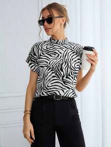 Camisa de mujer con estampado de leopardo, de verano, de manga ancha, para uso diario - Blanco y Negro - Ver 1