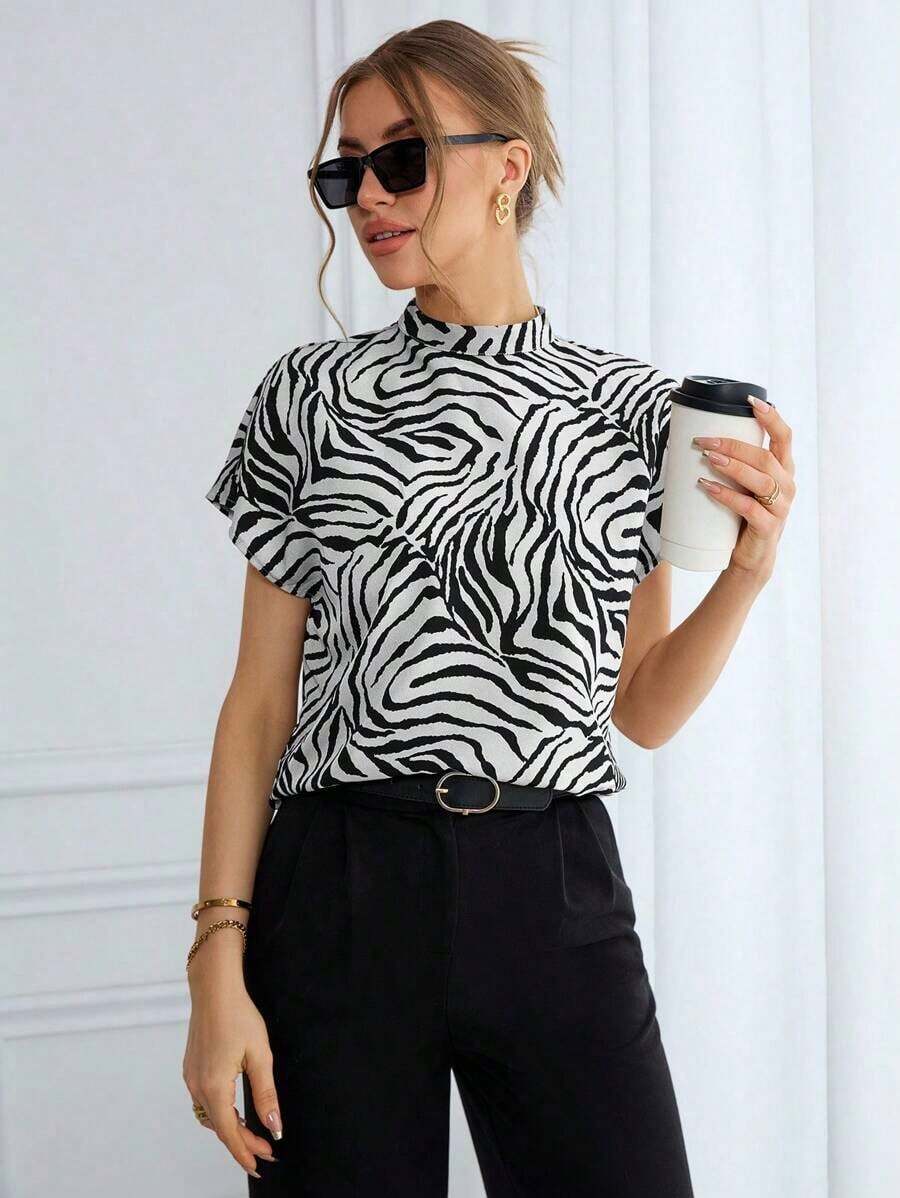 Camisa de mujer con estampado de leopardo, de verano, de manga ancha, para uso diario - Blanco y Negro - Ver 1