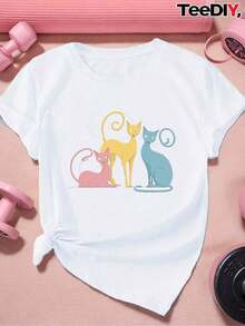 Women's Plus Size Short Sleeve Sports T-Shirt, 100% Cotton, With Three Stylized Cat Illustrations, 150g - White - View 1