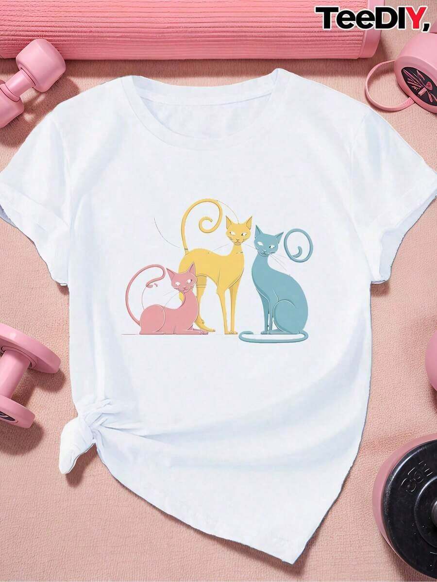 Women's Plus Size Short Sleeve Sports T-Shirt, 100% Cotton, With Three Stylized Cat Illustrations, 150g - 白色 - 查看 1