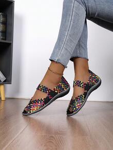 Rhombus Colorblock Plaid Boho Casual Elegant Woven Criss-Cross Embroidered Sneakers, Suitable For Casual, Work, Indoor And Outdoor Wear, All Seasons - Rainbow Purple - View 1