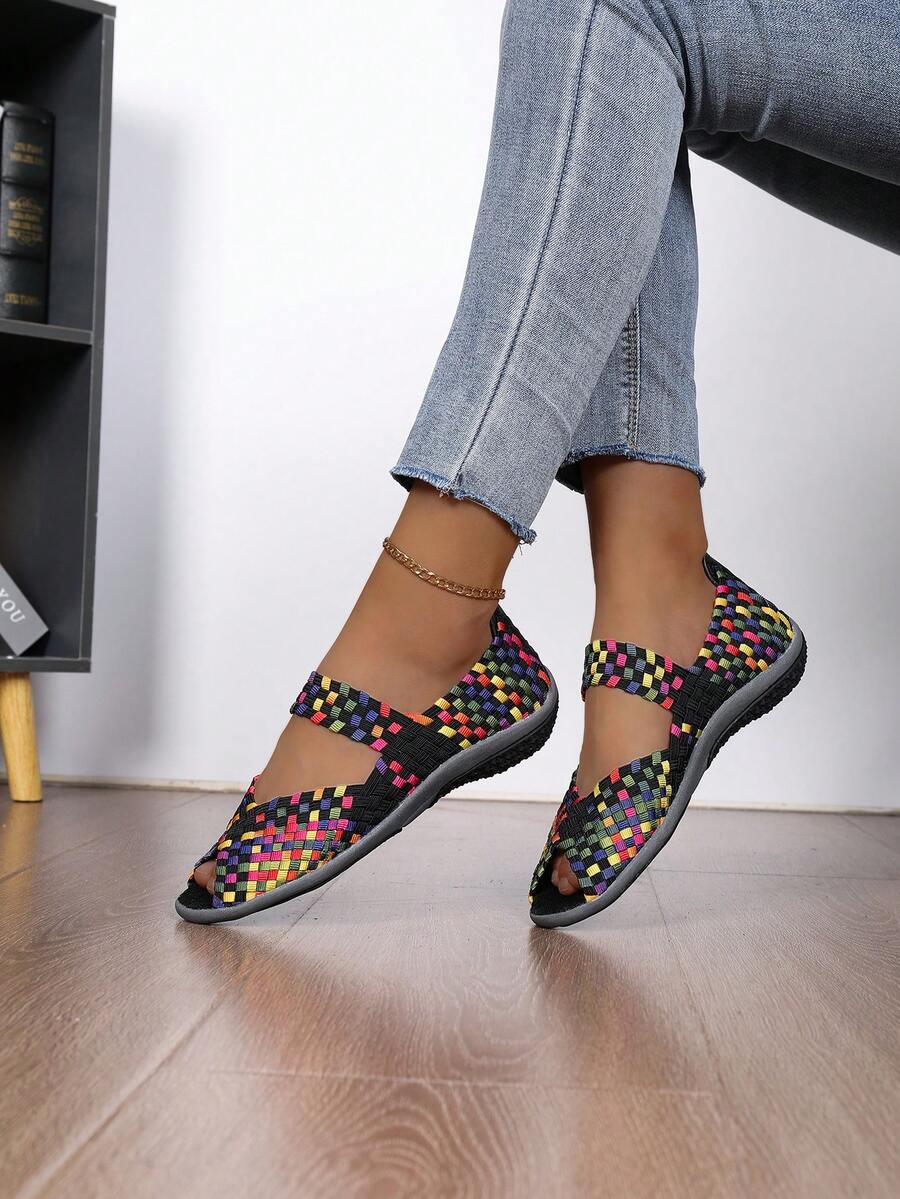 Rhombus Colorblock Plaid Boho Casual Elegant Woven Criss-Cross Embroidered Sneakers, Suitable For Casual, Work, Indoor And Outdoor Wear, All Seasons - Rainbow Purple - View 1