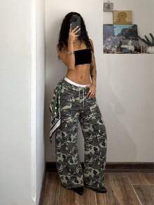 STLY Women's Jeans, Autumn/Winter Apparel, Low-Waist, Non-Stretch, Double-Button, Vintage Streetwear Commuter Jeans Vacation Casual - Camouflage - View 3