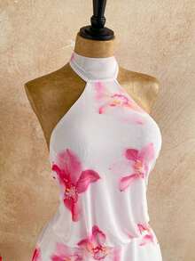 Vestido mini con estampado floral sin espalda y cuello halter para vacaciones casual de mujer - Rosa - Ver 7