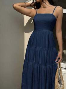Vestido con escote de tubo plisado de tela texturizada color melocotón claro, con tirantes finos, cintura suelta, estilo relajado para vacaciones - Azul marino - Ver 5