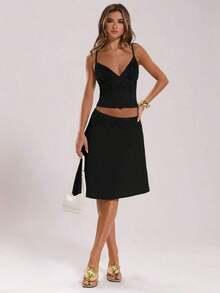 Falda Asimétrica con Pedrería Elegante para Mujer LDGG, Ideal para Verano, Viajes y Playa - Negro - Ver 5