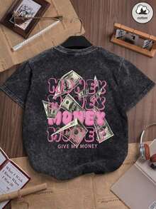 1 pieza de camisola de algodón para mujer con estampado divertido de "Money Letters", estilo hiphop streetwear, coreana, cómoda, retro, a la moda, versátil para el día a día, estilo Y2K. Camiseta Vintage Lavada de Estilo Punk Regular para Mujer, Cuello Redondo Ajustado, Color Negro, Casual, 180g, 100% Algodón - Negro - Ver 1