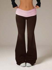Pantalones acampanados con cintura plegable de color contrastante para mujer - Marrón - Ver 1
