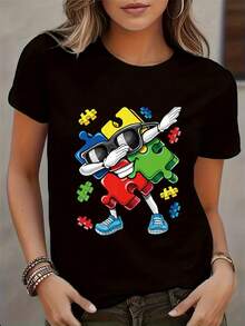 Women's Autism Awareness T-Shirt - Casual Crew Neck, Short Sleeve, Machine Washable, Vibrant Cartoon Character Print, Perfect For Spring And Summer, Awareness Clothing | Crew Neck T-Shirt | Short Sleeve Top - 黑色 - 查看 1