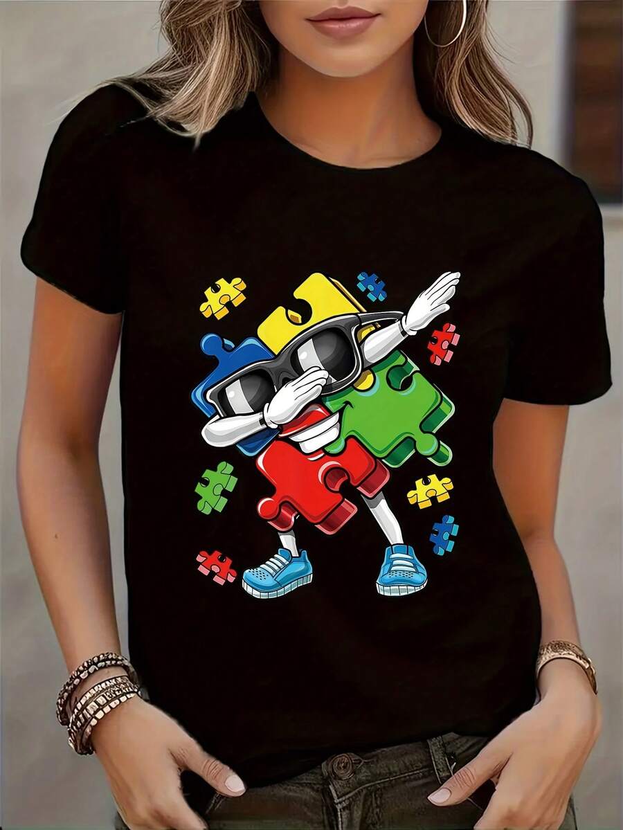 Women's Autism Awareness T-Shirt - Casual Crew Neck, Short Sleeve, Machine Washable, Vibrant Cartoon Character Print, Perfect For Spring And Summer, Awareness Clothing | Crew Neck T-Shirt | Short Sleeve Top - 黑色 - 查看 1