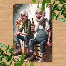 2D Plano, 2D Plano - 1 Pieza de Arte de Pared de Metal Vintage con Motivo de Cerveza - Diseño Rústico 2D Plano que Presenta a Dos Hombres Mayores Bebiendo Cerveza, Resistente al Agua y al Polvo, Ideal para Decorar Bares, Cafeterías, Dormitorios, Como Regalo de Navidad, Sin Baterías Necesarias, 20.32x30.48cm, Decoración de Pared Navideña - 1 - Ver 2